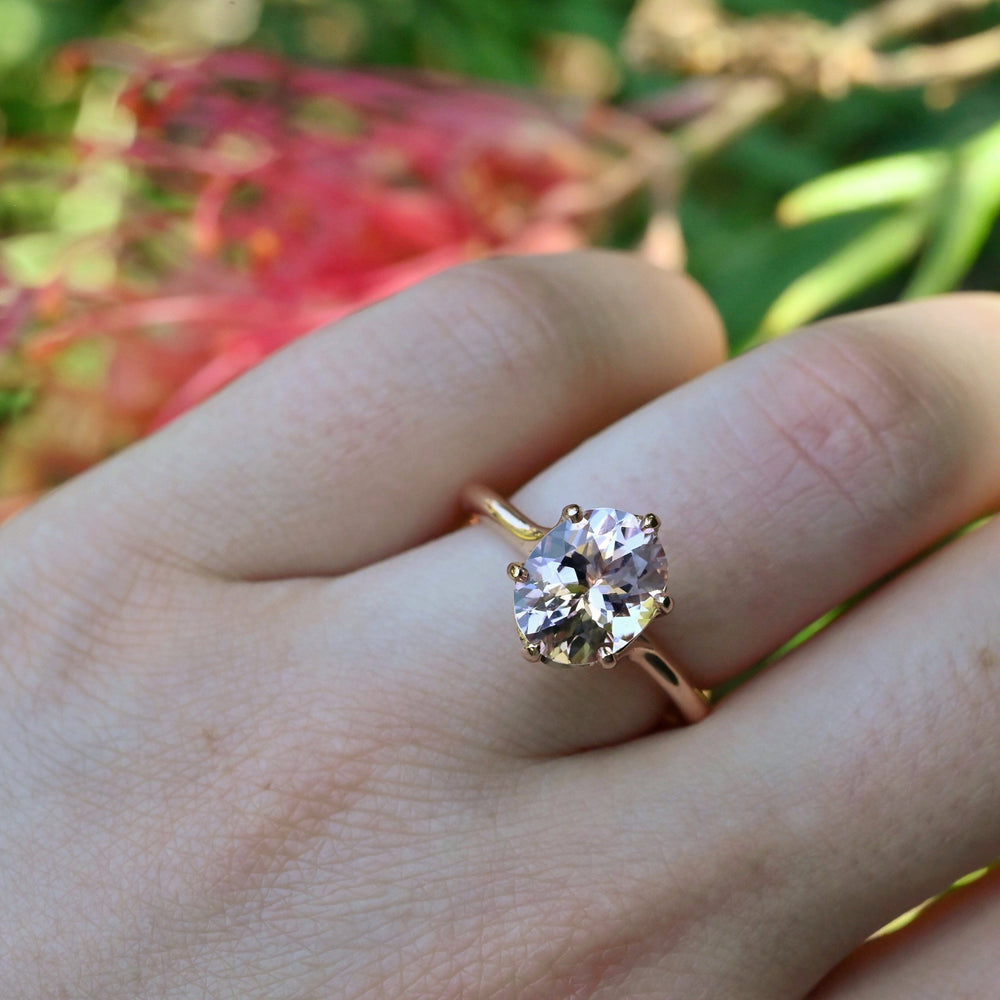 ‘Rumpus’ 2.28ct Morganite 18ct Rose Gold Ring in finger