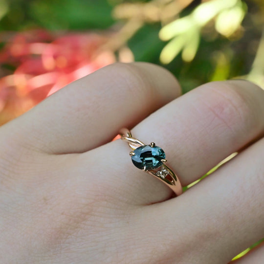 ‘Love Knot’ 1.13ct Australian Teal Sapphire & Champagne Diamond Rose Gold Ring Ring Jason Ree Design 