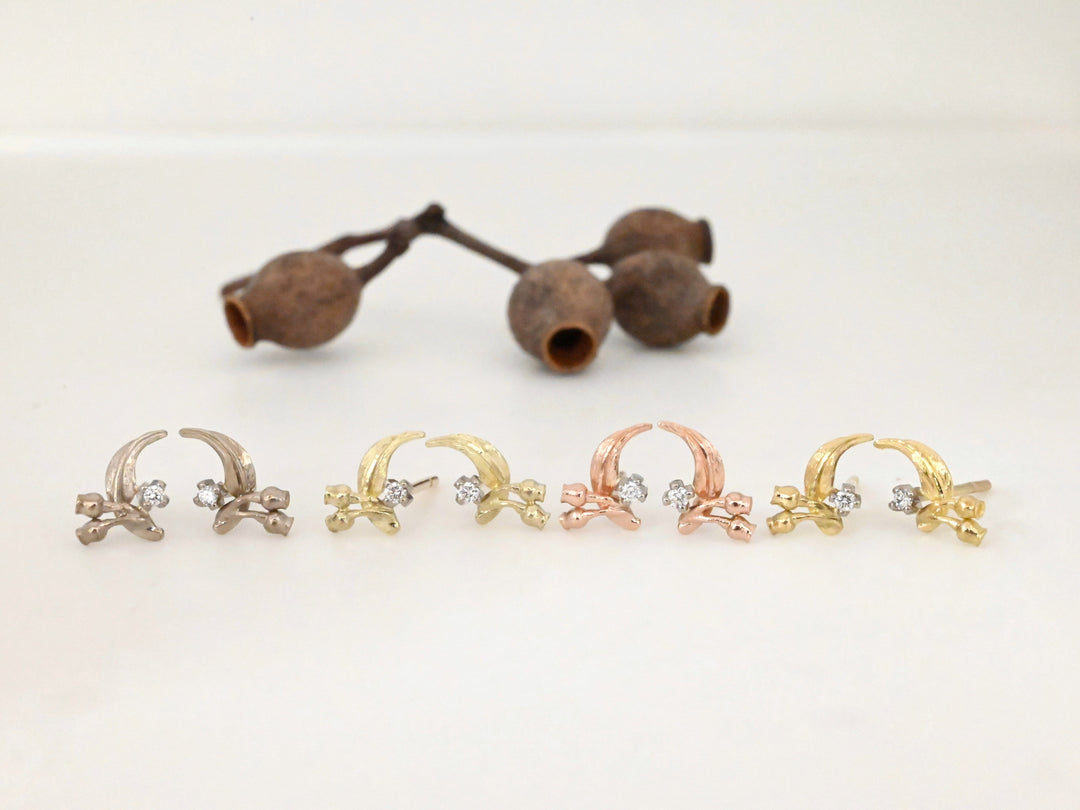 ‘Gumleaf’ 18ct Yellow Gold & Diamond Earrings Earrings Jason Ree Design 