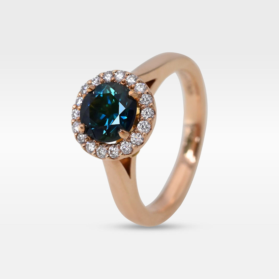 ‘Zipporah’ 1.30ct Teal Australian Sapphire Halo Ring Ring Jason Ree Design 