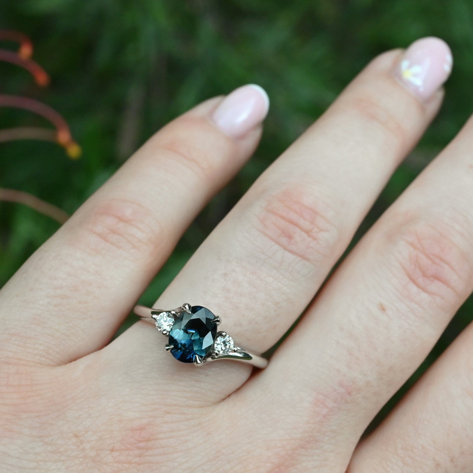 ‘Tempest Trilogy’ 1.53ct Teal Australian Sapphire &amp; Diamond Platinum Ring on hand