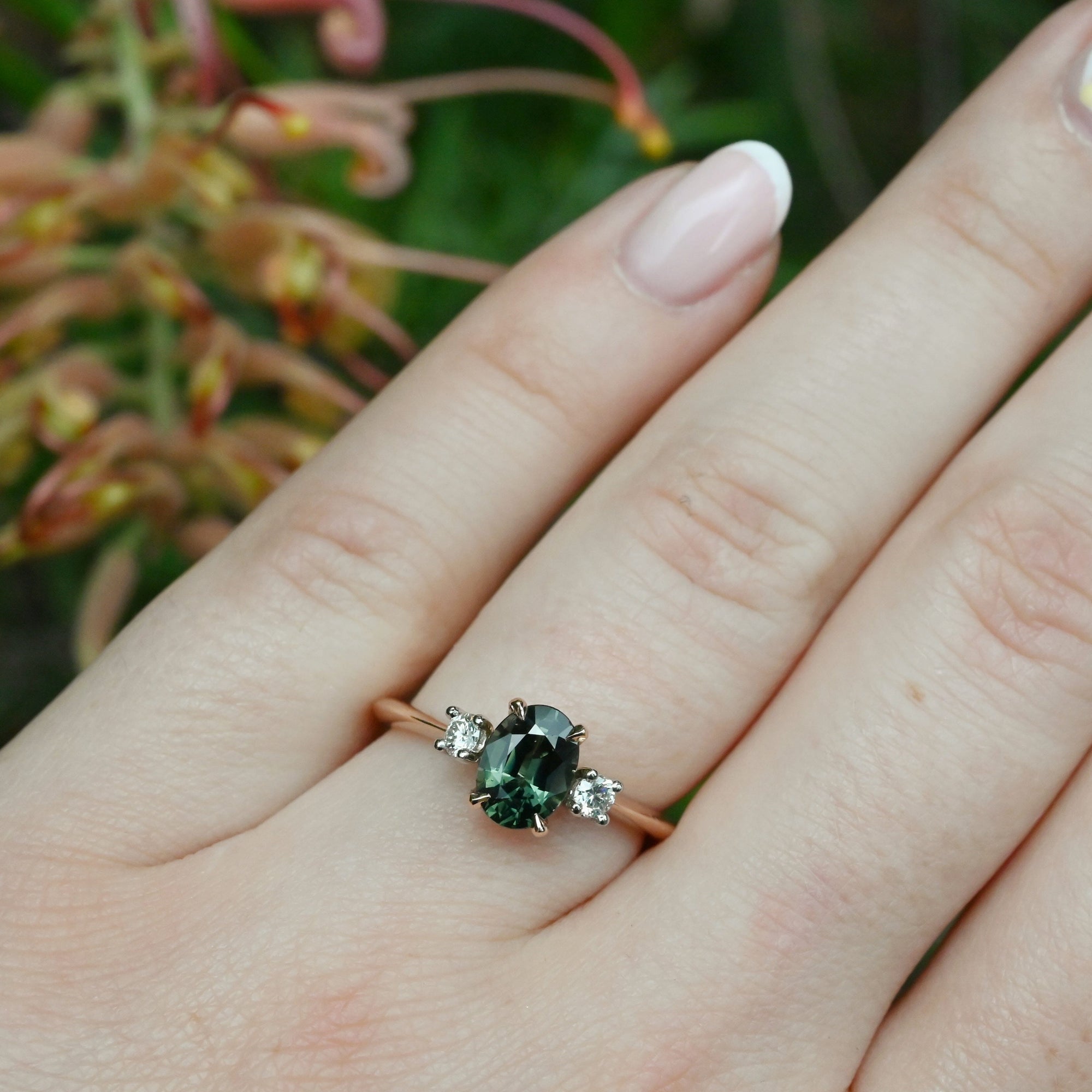 ‘Riverina’ 1.23ct Green Australian Sapphire &amp; Diamond Rose Gold Ring