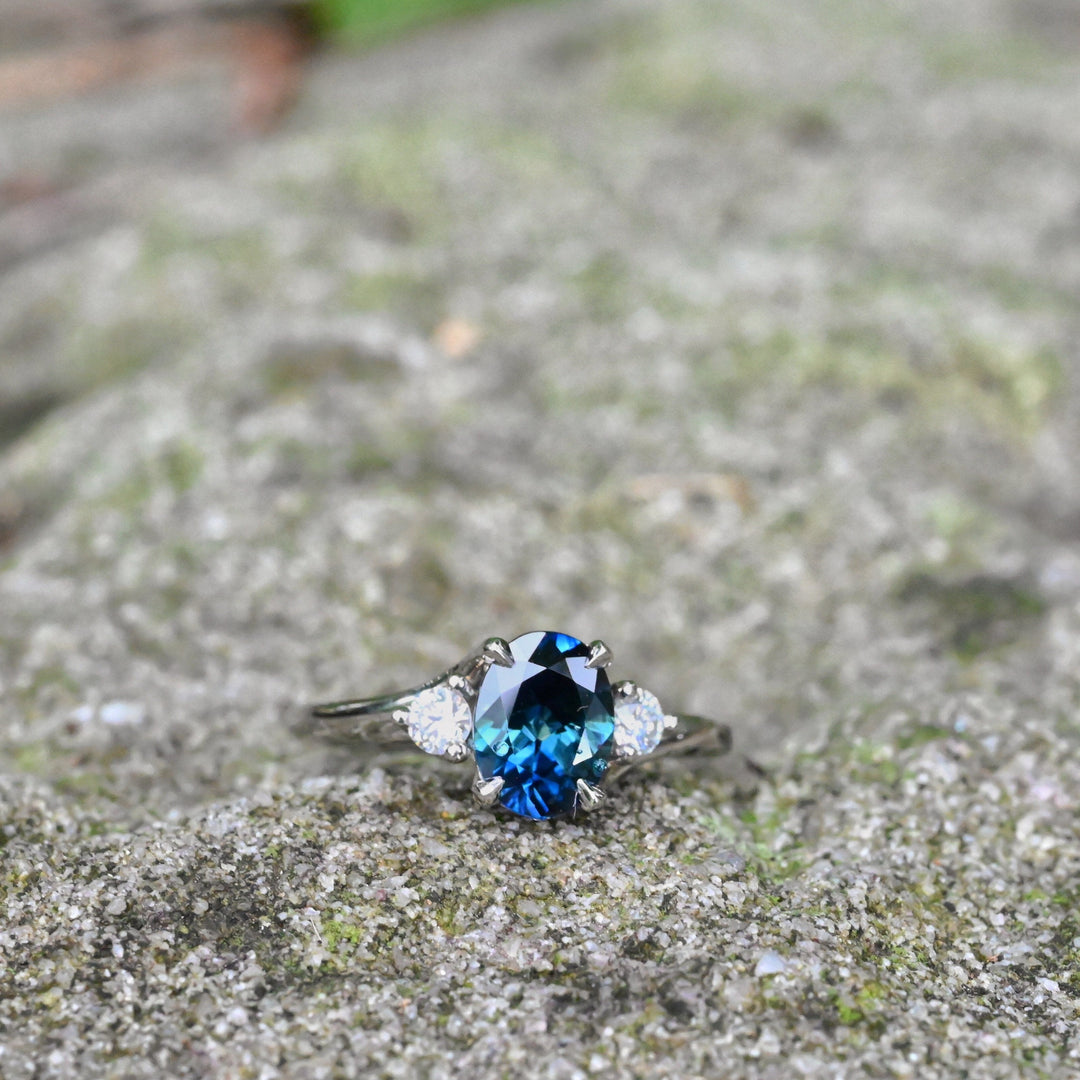 ‘Tempest Trilogy’ 1.53ct Teal Australian Sapphire & Diamond Platinum Ring 