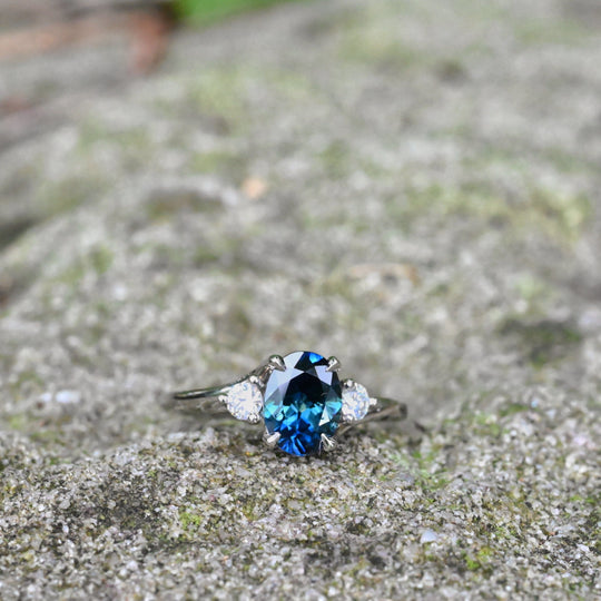 ‘Tempest Trilogy’ 1.53ct Teal Australian Sapphire & Diamond Platinum Ring 