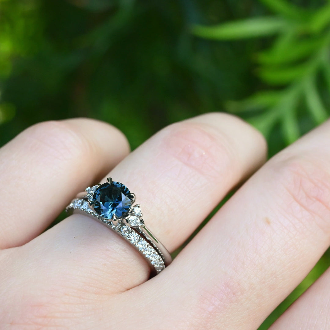 ‘Pia’ 1.19ct Teal Blue Australian Sapphire & Diamond Platinum Ring on hand