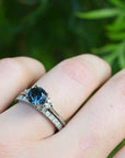 ‘Pia’ 1.19ct Teal Blue Australian Sapphire & Diamond Platinum Ring on hand