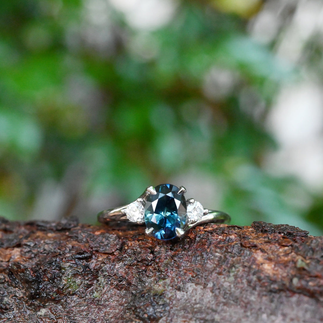 ‘Tempest Trilogy’ 1.53ct Teal Australian Sapphire & Diamond Platinum Ring on branch