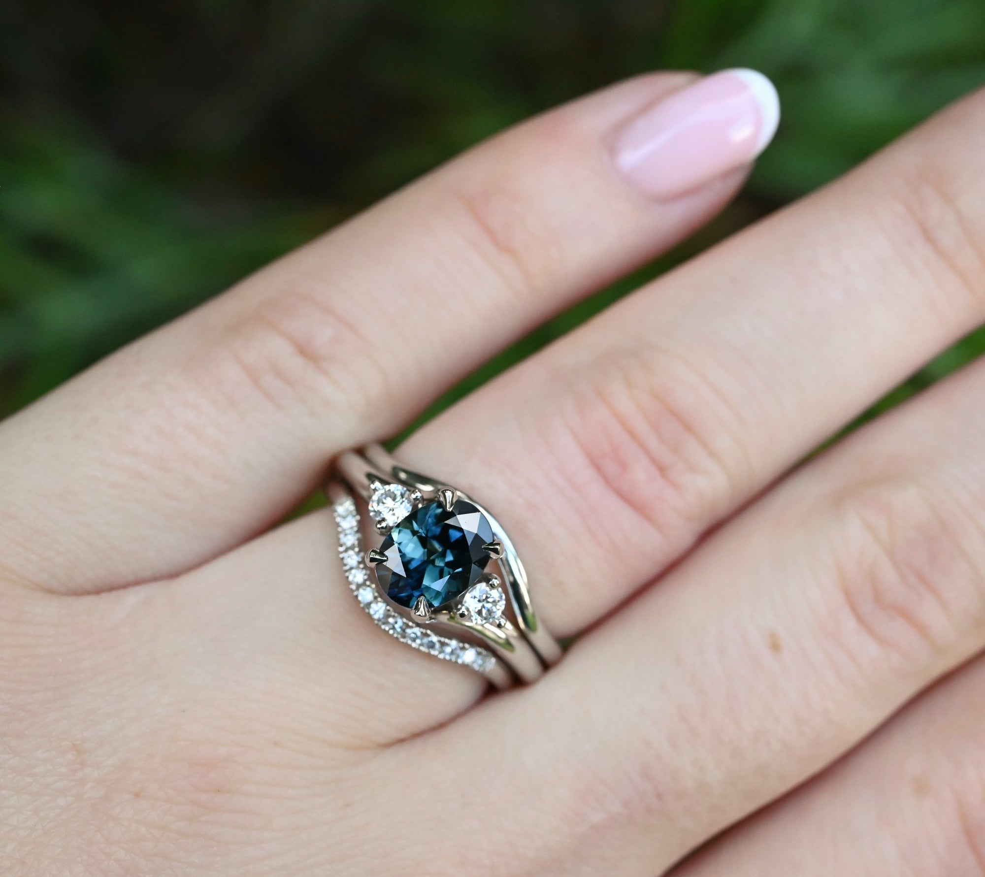 ‘Tempest Trilogy’ 1.53ct Teal Australian Sapphire &amp; Diamond Platinum Ring wearing on hand