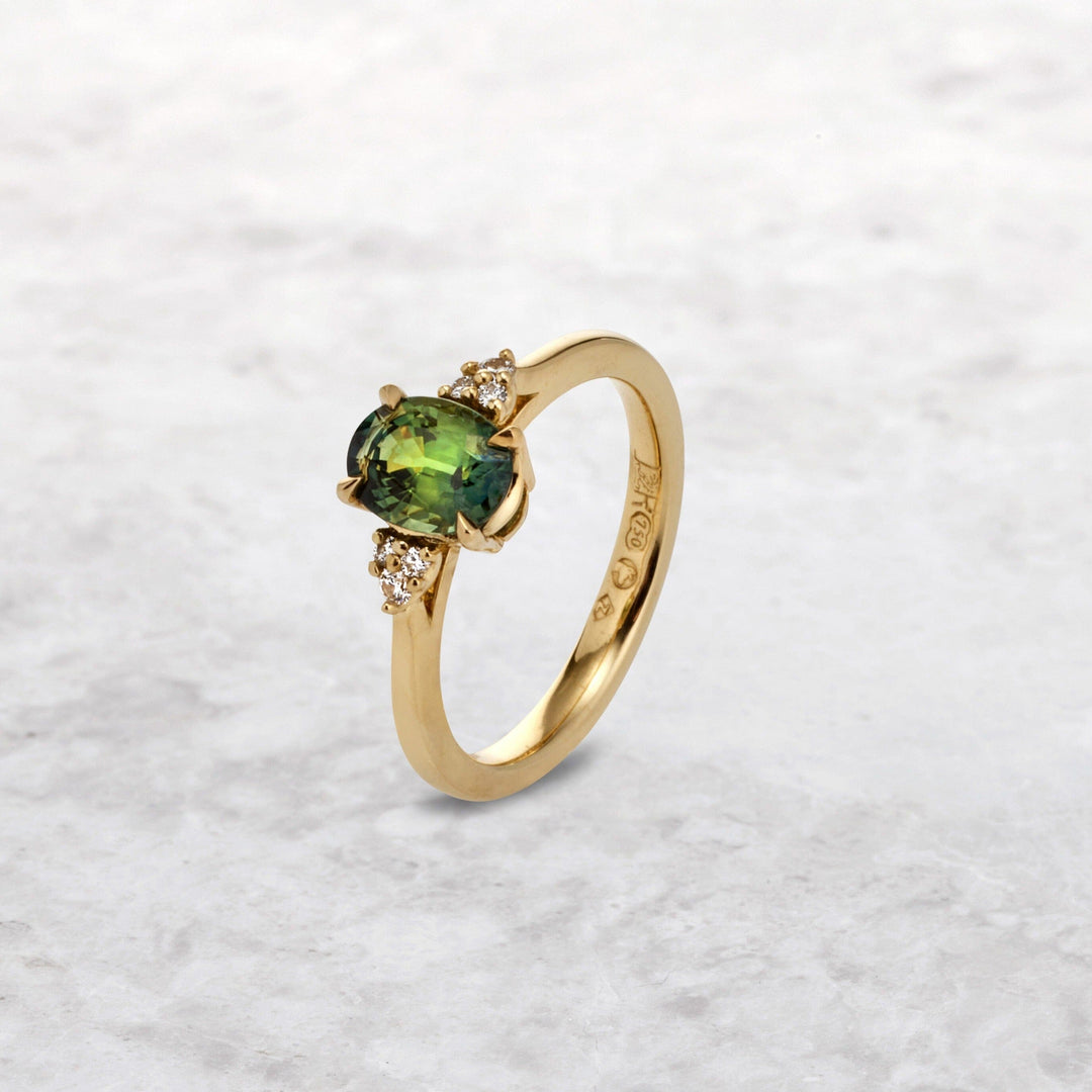 ‘MiMi’ 1.24ct Oval Cut Green Australian Sapphire & Diamond Yellow Gold Ring Ring Jason Ree Design 