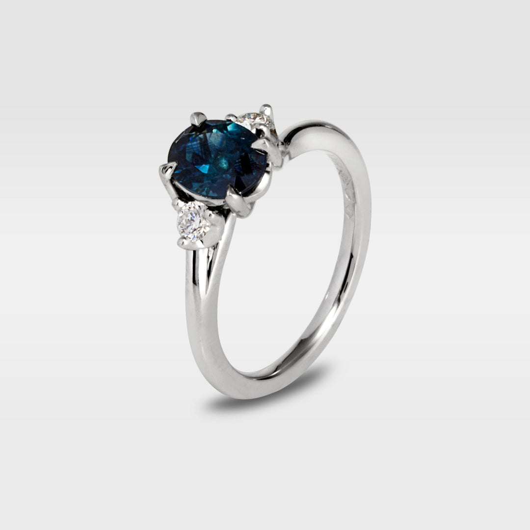 ‘Tempest Trilogy’ 1.53ct Teal Blue Australian Sapphire & Diamond Platinum Ring Ring Jason Ree Design 