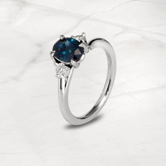 ‘Tempest Trilogy’ 1.53ct Teal Blue Australian Sapphire & Diamond Platinum Ring