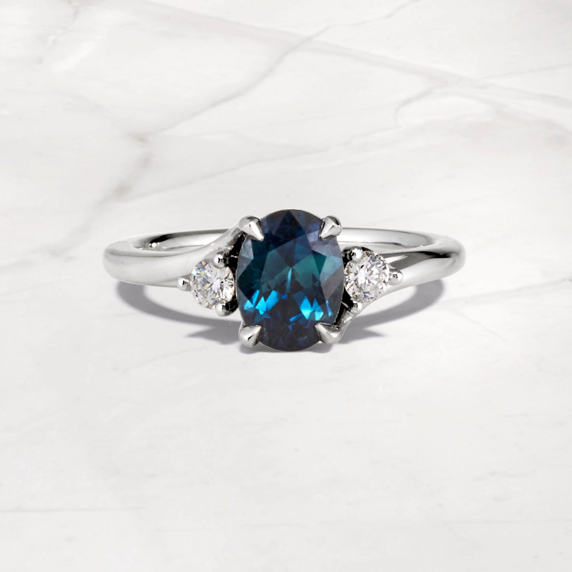 ‘Tempest Trilogy’ 1.53ct Teal Blue Australian Sapphire & Diamond Platinum Ring