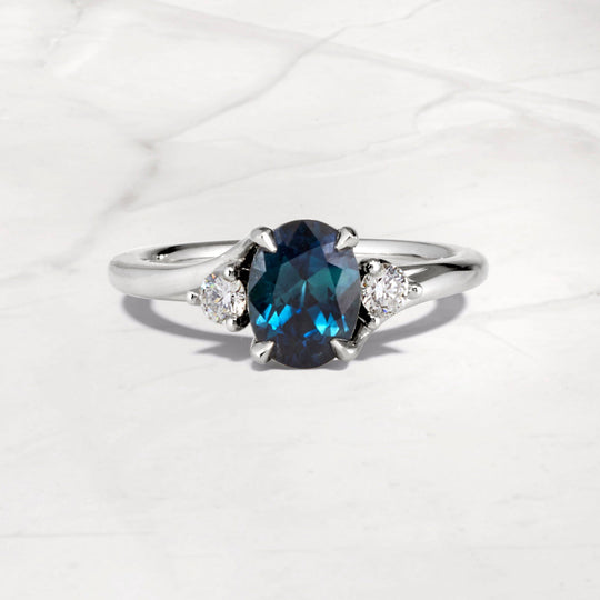 ‘Tempest Trilogy’ 1.53ct Teal Blue Australian Sapphire & Diamond Platinum Ring