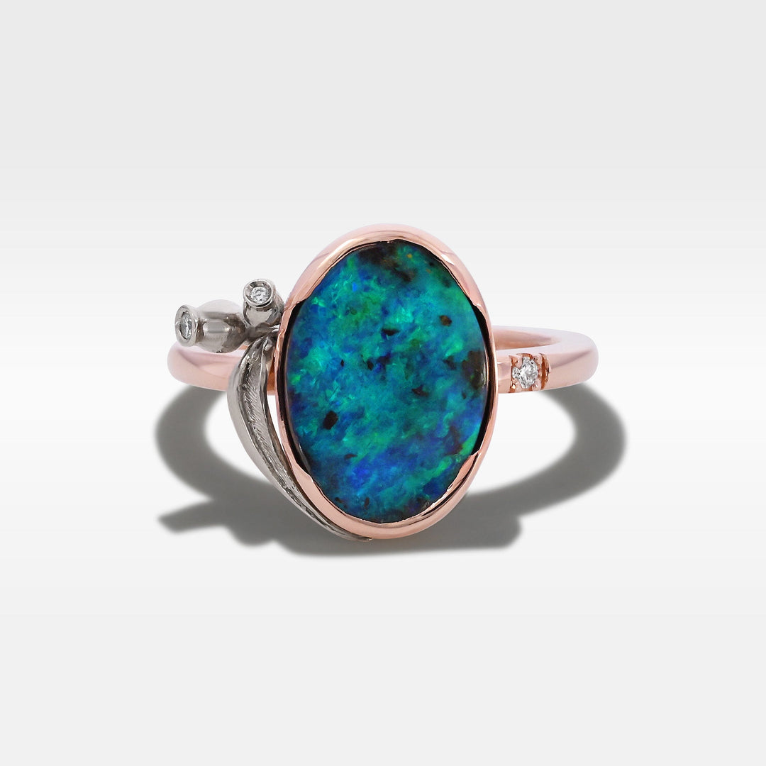 ‘Gumleaf’ 3.17ct Australian Blue/Green Boulder Opal 18ct Rose Gold Ring Ring Jason Ree Design 