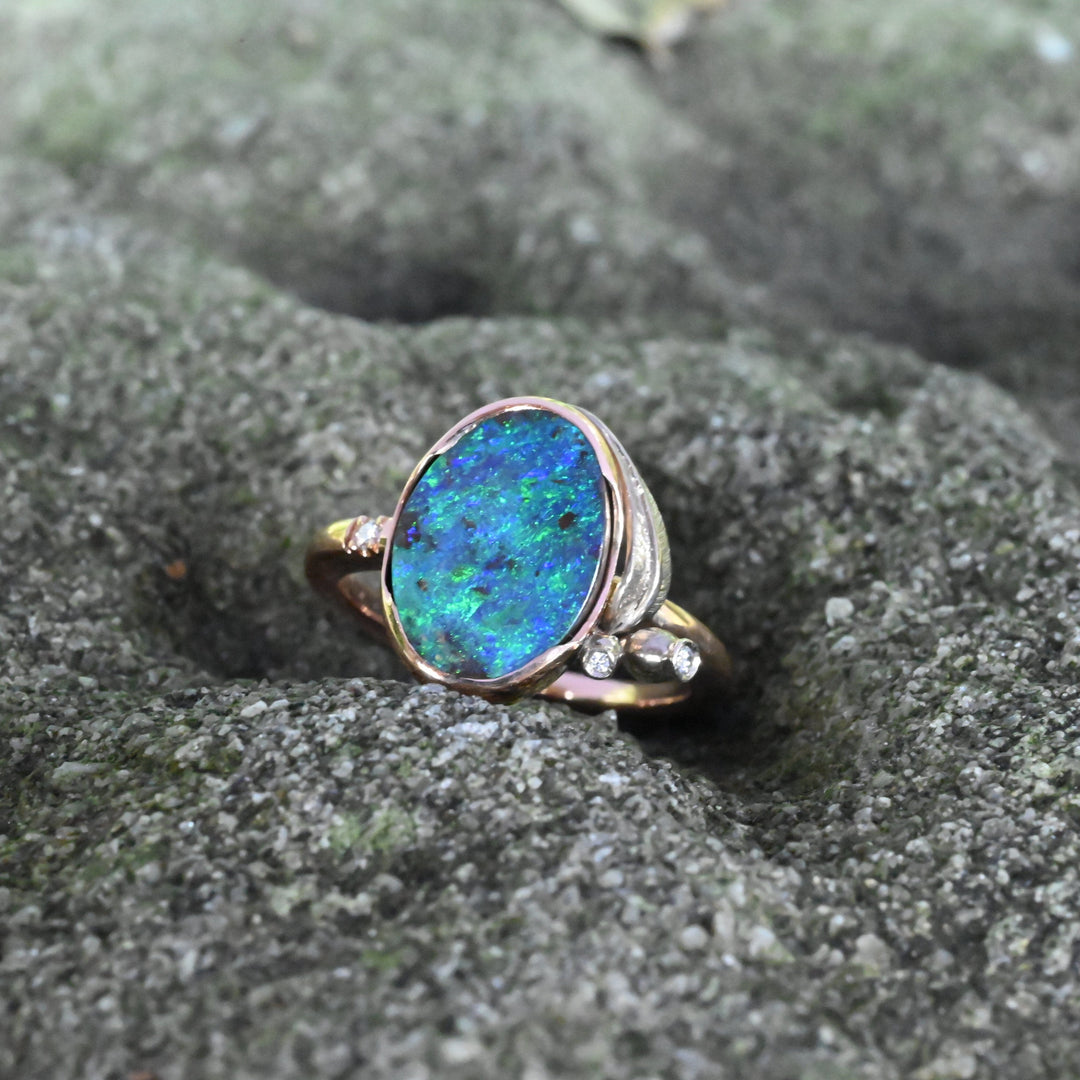 ‘Gumleaf’ 3.17ct Australian Blue/Green Boulder Opal Rose Gold Ring Jason Ree Design 