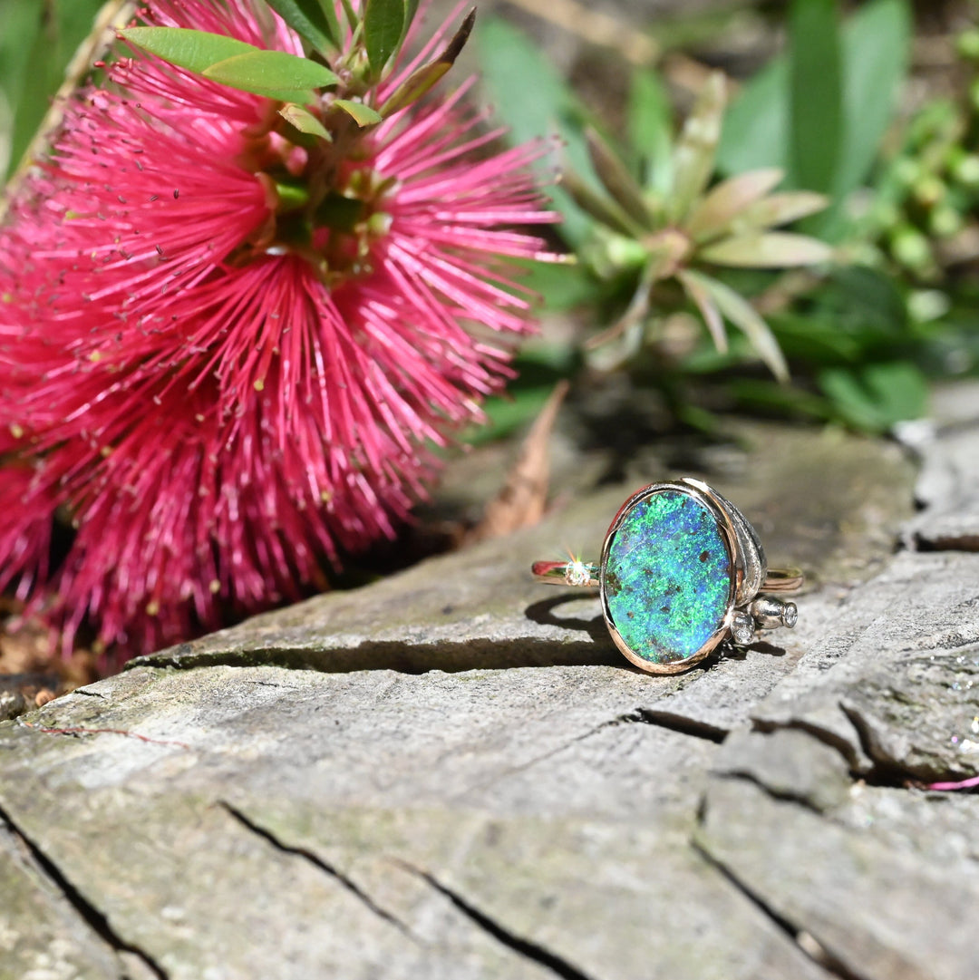 ‘Gumleaf’ 3.17ct Australian Blue/Green Boulder Opal 18ct Rose Gold Ring Ring Jason Ree Design 