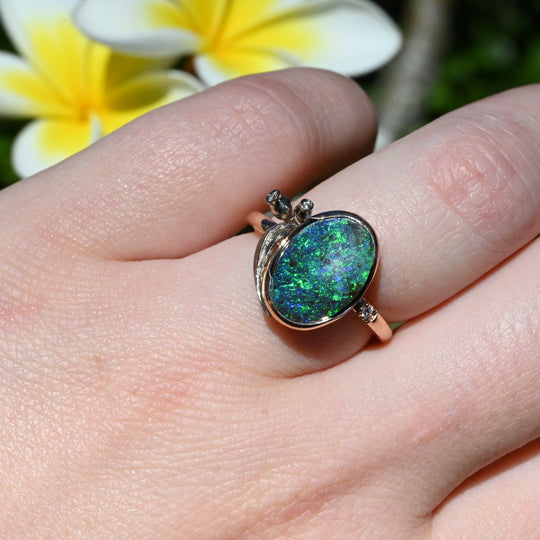 ‘Gumleaf’ 3.17ct Australian Blue/Green Boulder Opal Rose Gold Ring Jason Ree Design 