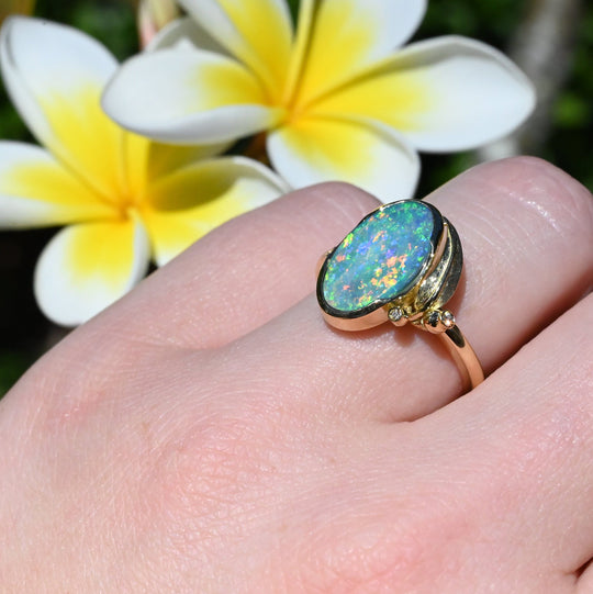 ‘Gumleaf’ 1.90ct Australian Crystal Opal 18ct Yellow Gold Ring Ring Jason Ree Design 