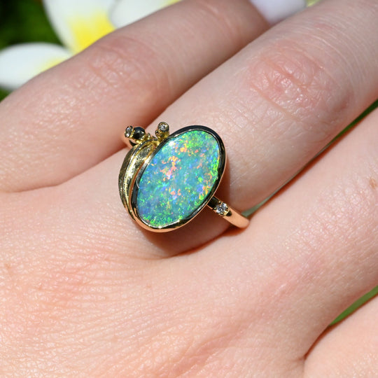 ‘Gumleaf’ 1.90ct Australian Crystal Opal 18ct Yellow Gold Ring Ring Jason Ree Design 