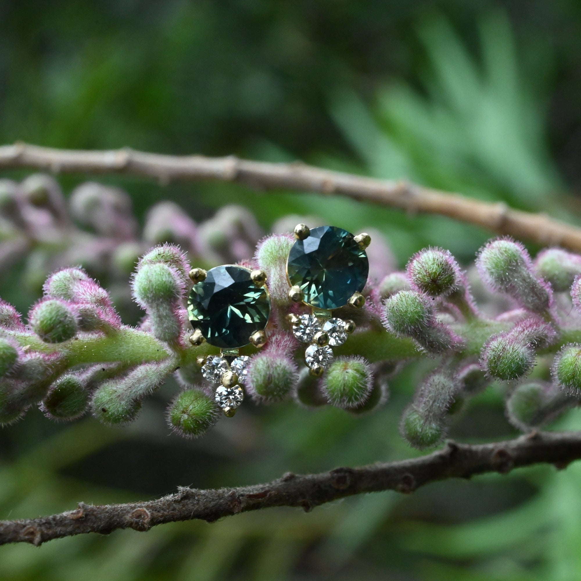 ‘Trinity’ Australian Green Sapphire & Diamond 18ct Yellow Gold Earrings Earrings Jason Ree Design 