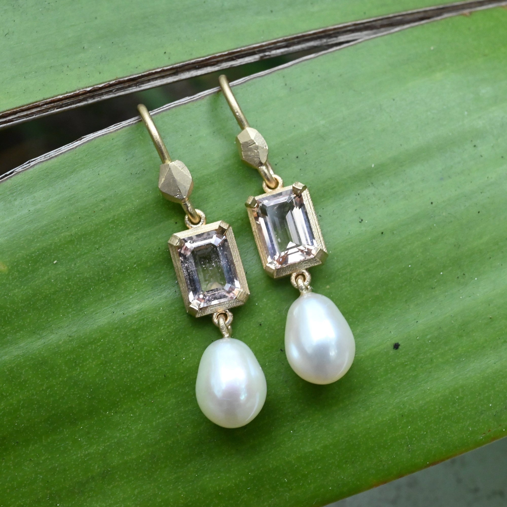 ‘Chevron’ Morganite Rose Gold & Pearl Earrings Jason Ree Design 