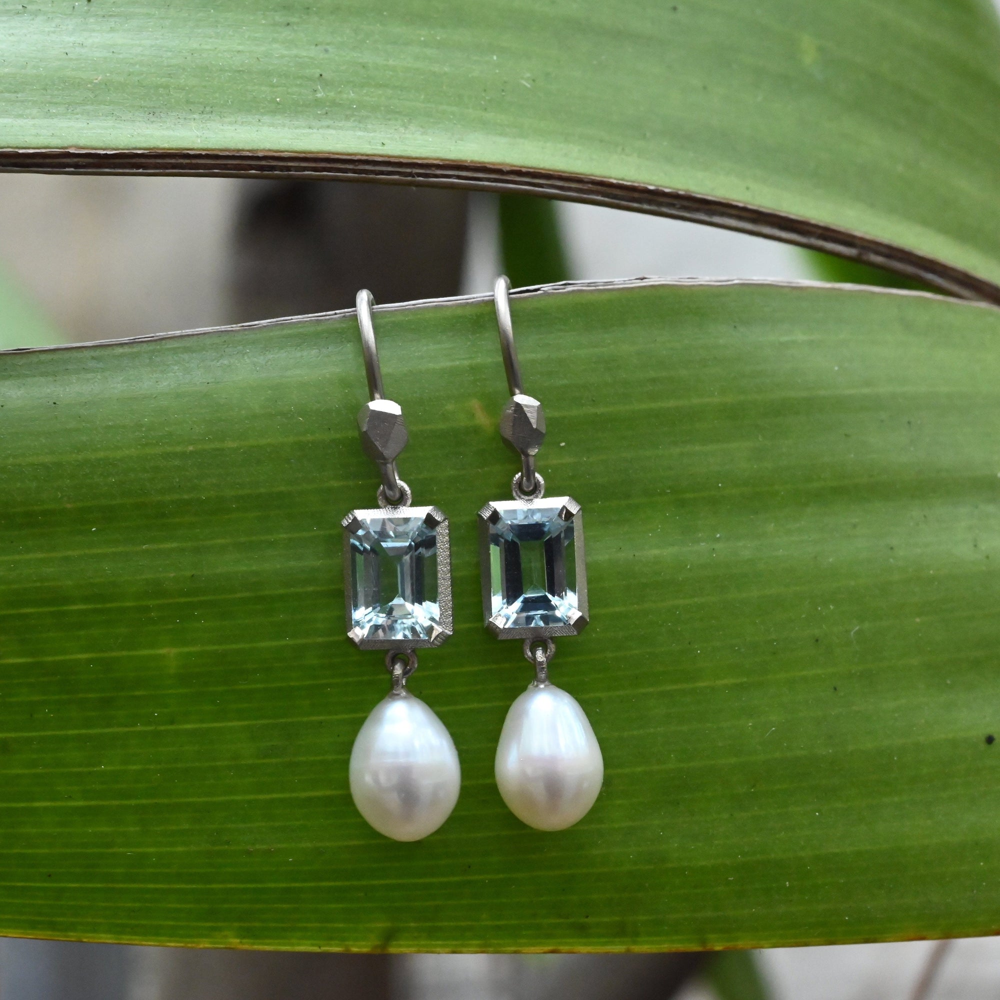 ‘Chevron’ Aquamarine White Gold Pearl drop Earrings Earrings Jason Ree Design 