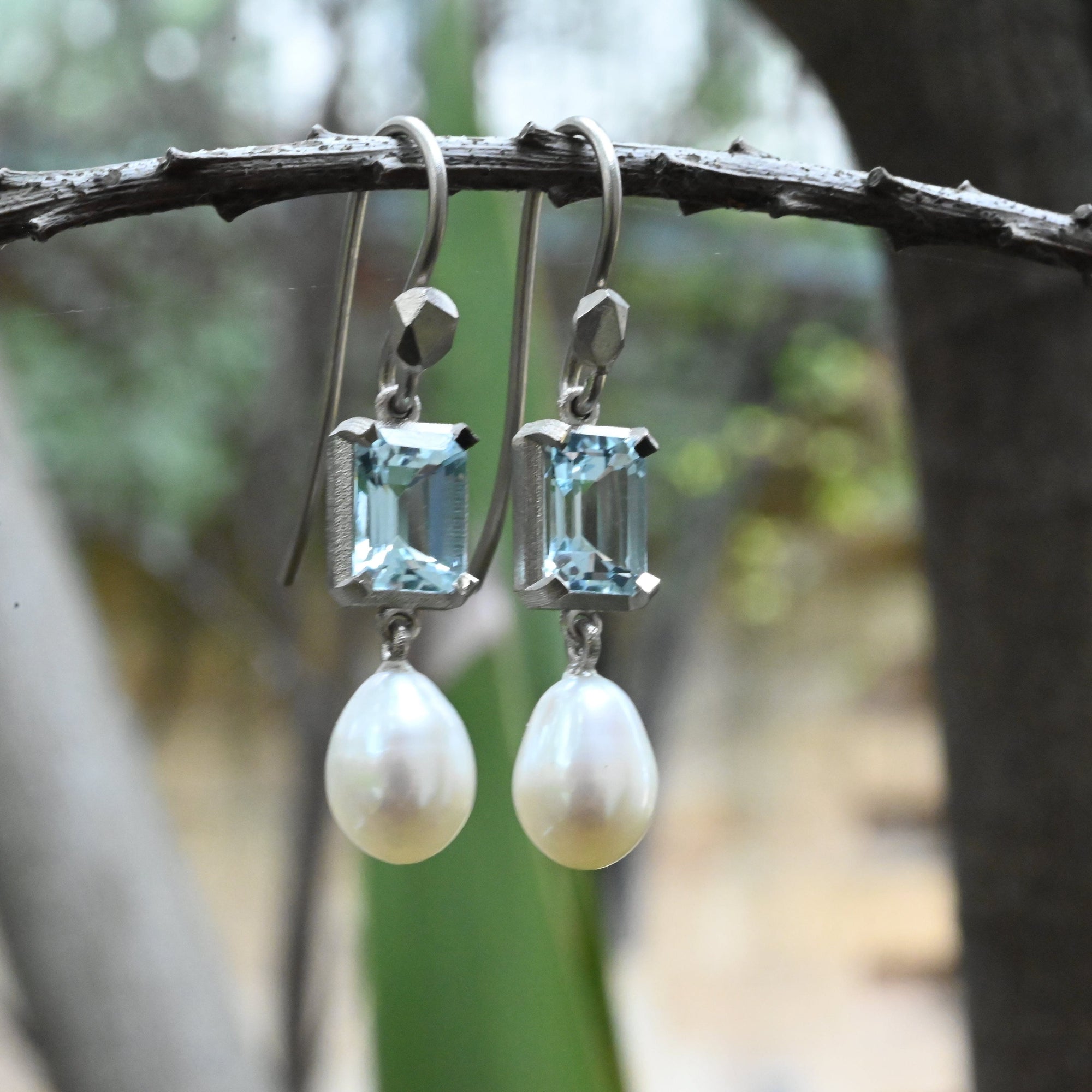 ‘Chevron’ Aquamarine White Gold Pearl drop Earrings Earrings Jason Ree Design 