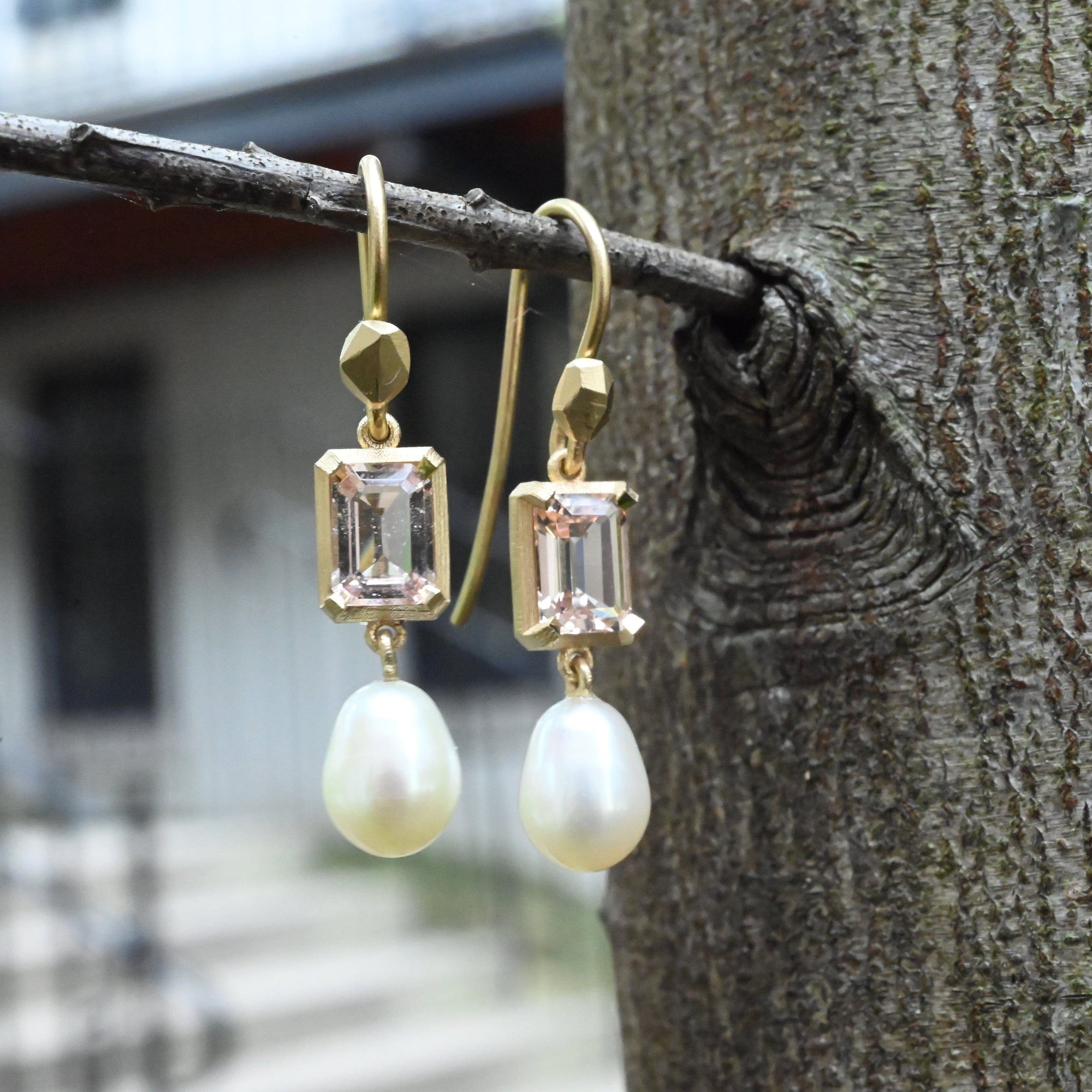 ‘Chevron’ Morganite Rose Gold & Pearl Earrings Jason Ree Design 