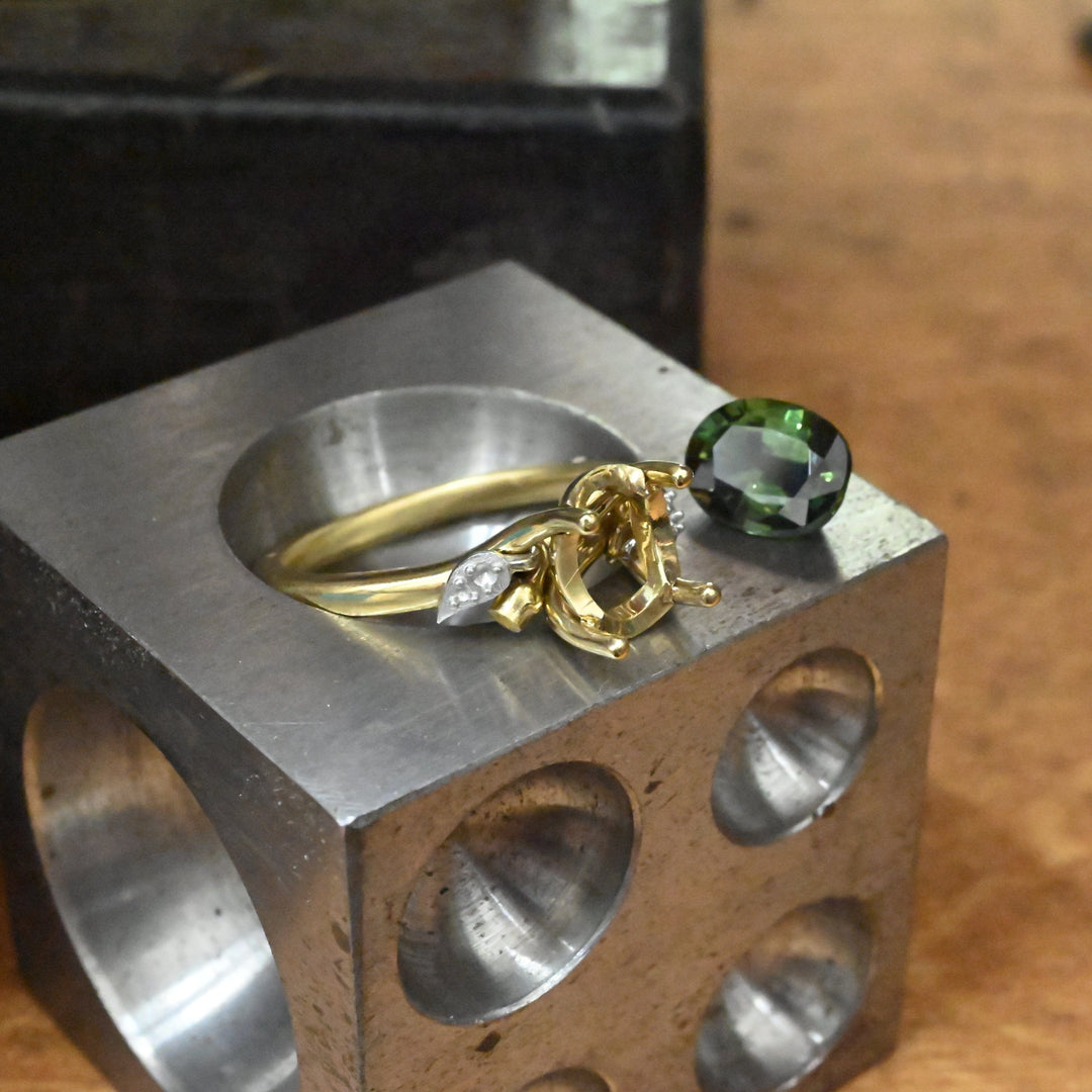 ‘Gumleaf’ 2.31ct Green Australian Sapphire & Diamond Yellow Gold Ring Ring Jason Ree Design 