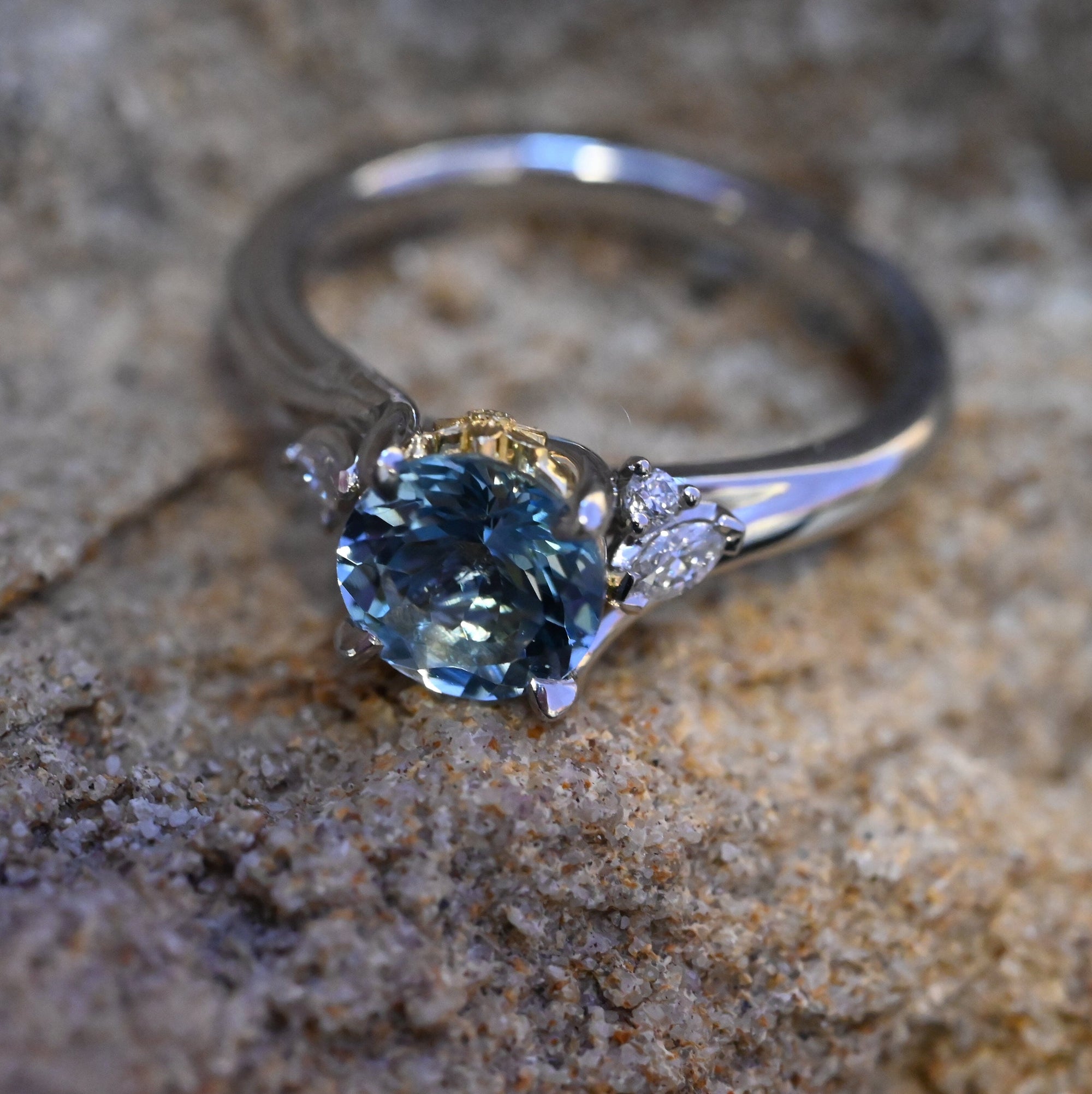 ‘Talia’ Aquamarine & Diamond Platinum Ring Ring Jason Ree Design 