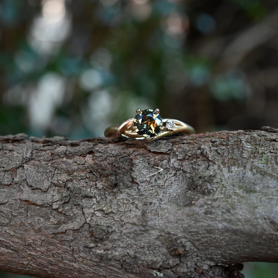 ‘Love Knot’ 0.83ct Australian Parti Sapphire Yellow Gold Ring on wood branch