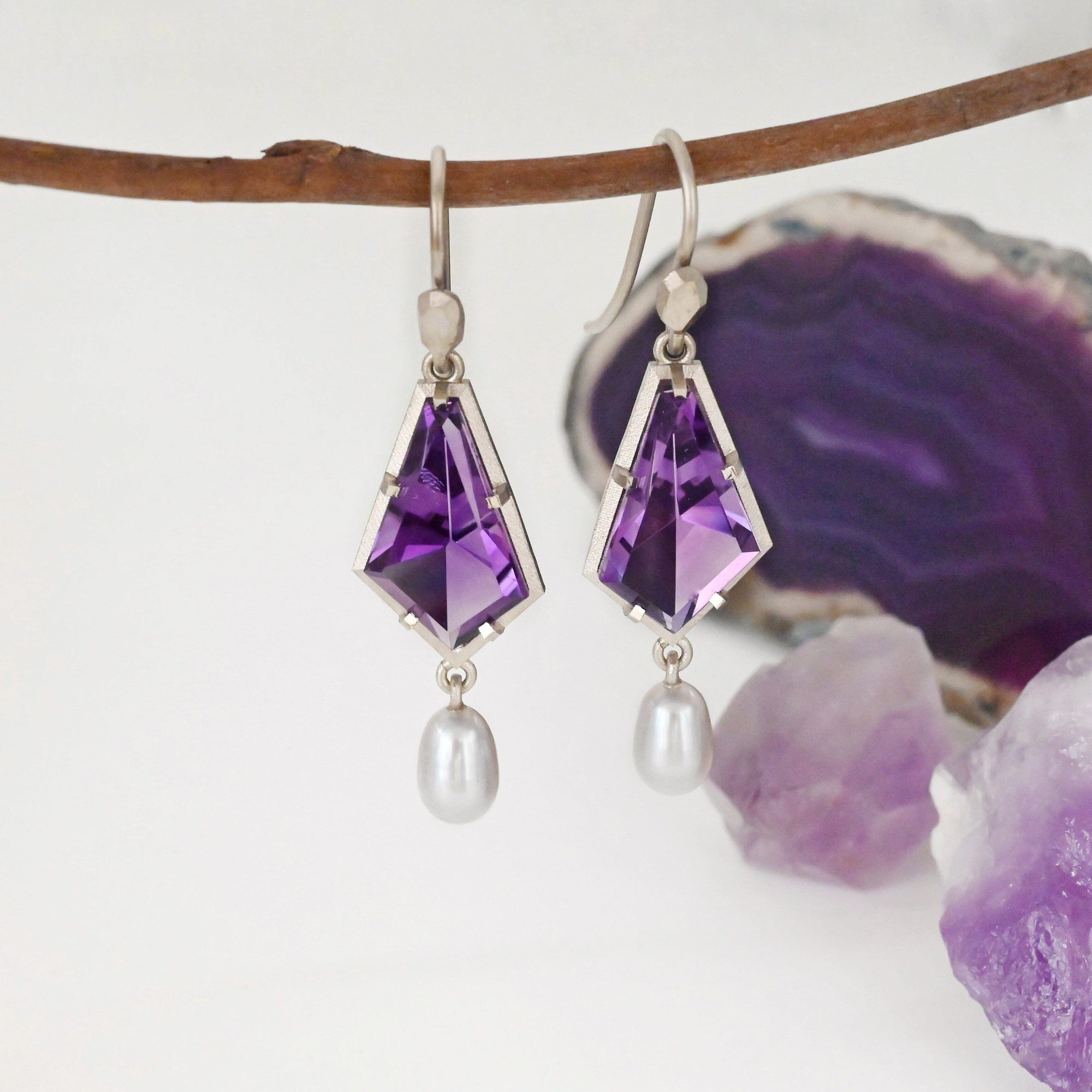 ‘Summit’ Amethyst & Silver Pearl White Gold Earrings Earrings Jason Ree Design 