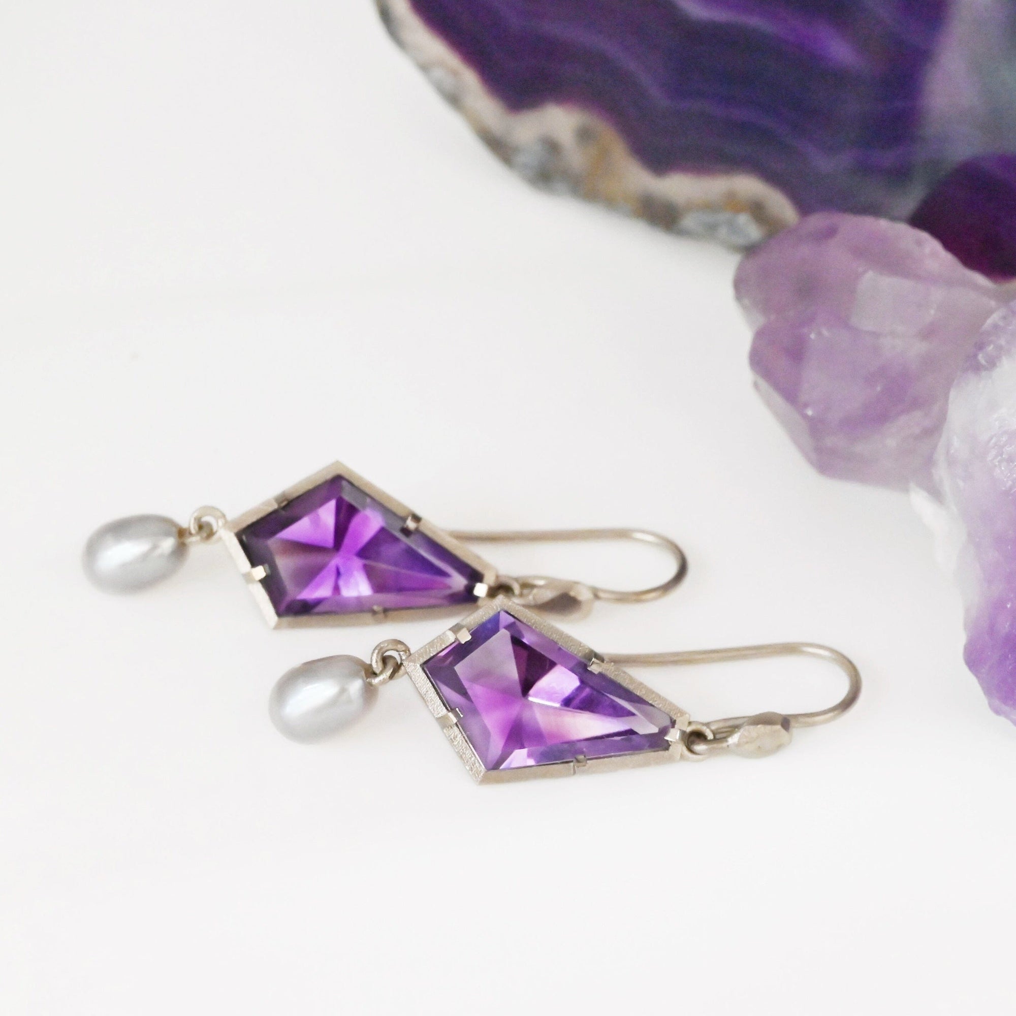 ‘Summit’ Amethyst & Silver Pearl White Gold Earrings Earrings Jason Ree Design 