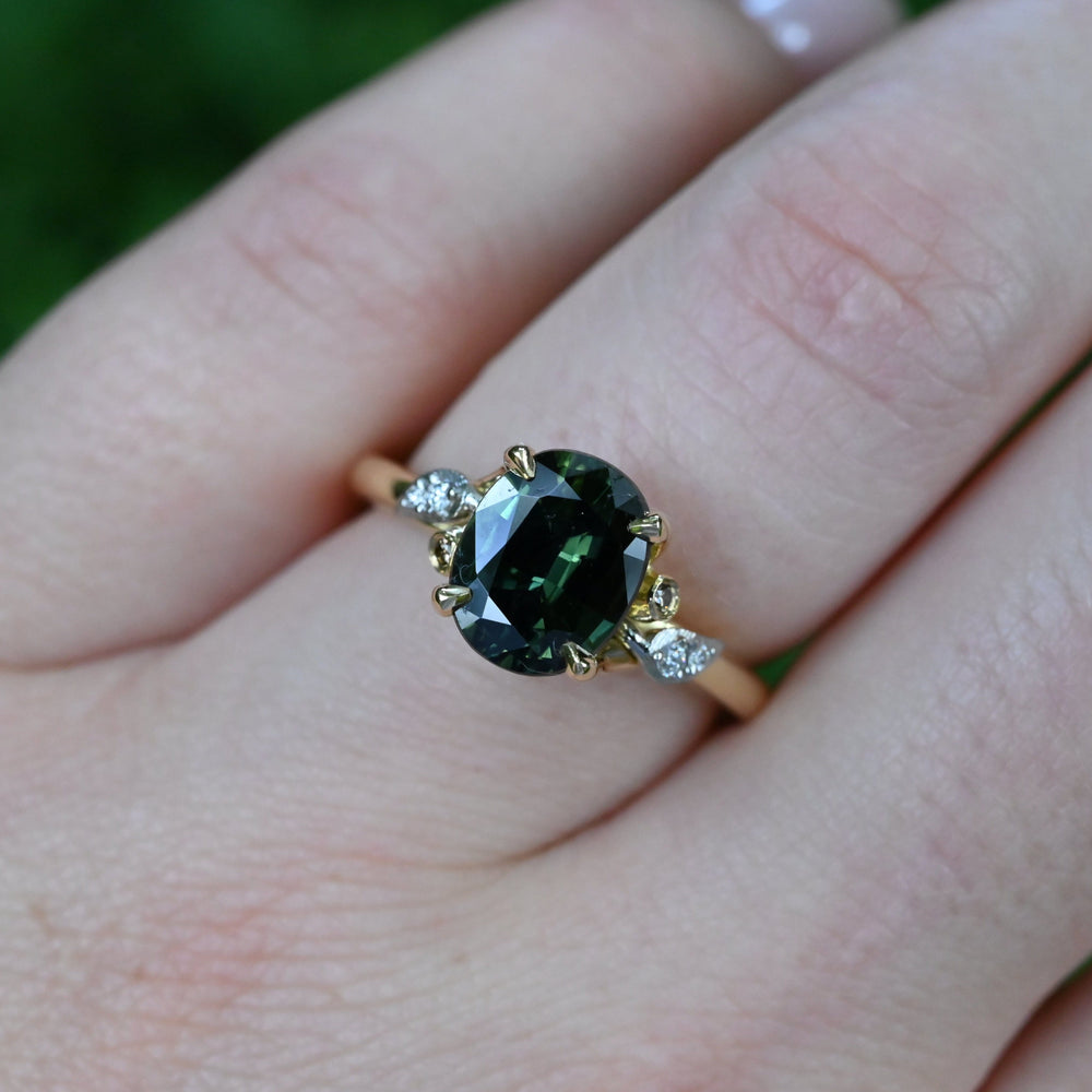‘Gumleaf’ 2.31ct Green Australian Sapphire & Diamond Yellow Gold Ring Ring Jason Ree Design 