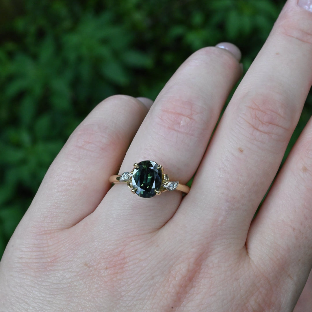 ‘Gumleaf’ 2.31ct Green Australian Sapphire & Diamond Yellow Gold Ring Ring Jason Ree Design 