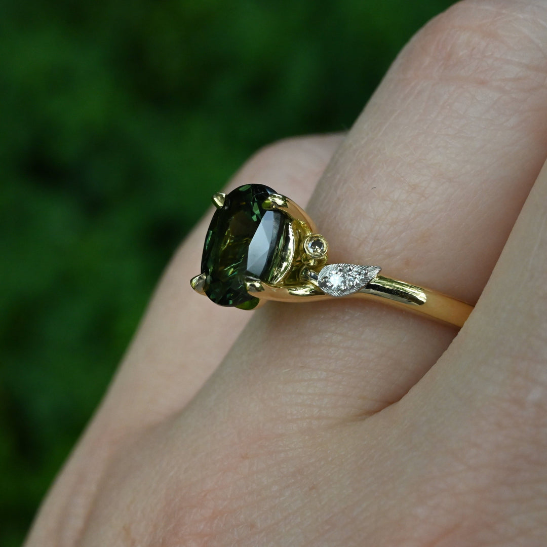‘Gumleaf’ 2.31ct Green Australian Sapphire & Diamond Yellow Gold Ring Ring Jason Ree Design 