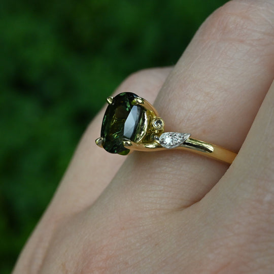 ‘Gumleaf’ 2.31ct Green Australian Sapphire & Diamond Yellow Gold Ring Ring Jason Ree Design 