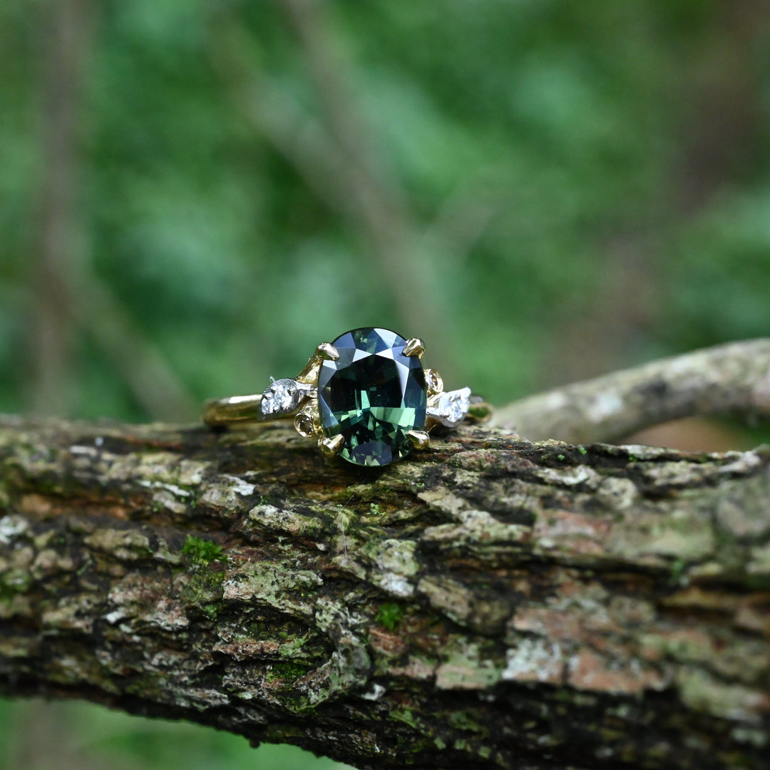 ‘Gumleaf’ 2.31ct Green Australian Sapphire & Diamond Yellow Gold Ring Ring Jason Ree Design 