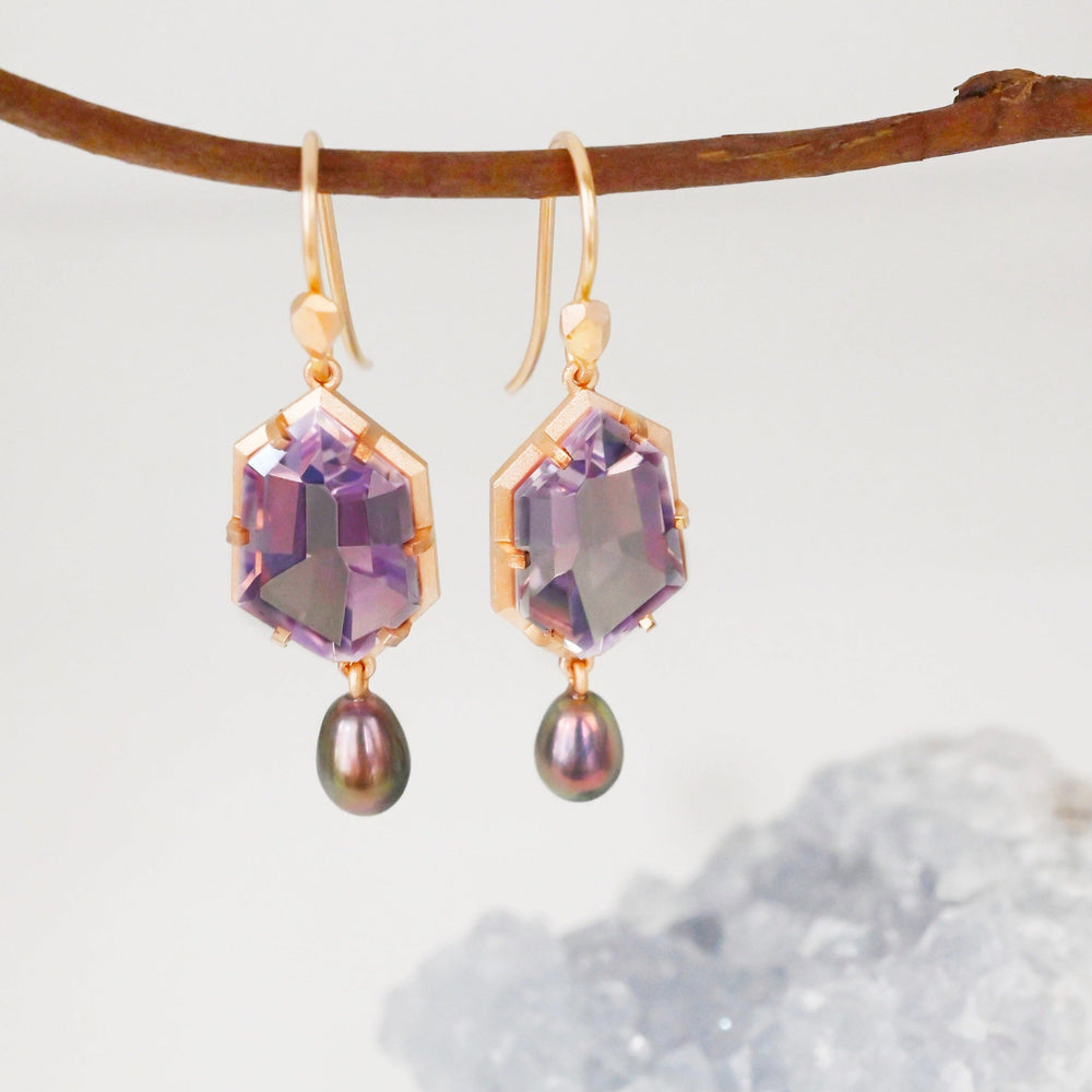 ‘Peak’ Lavender Quartz & Peacock Pearl Rose Gold Earrings Earrings Jason Ree Design 