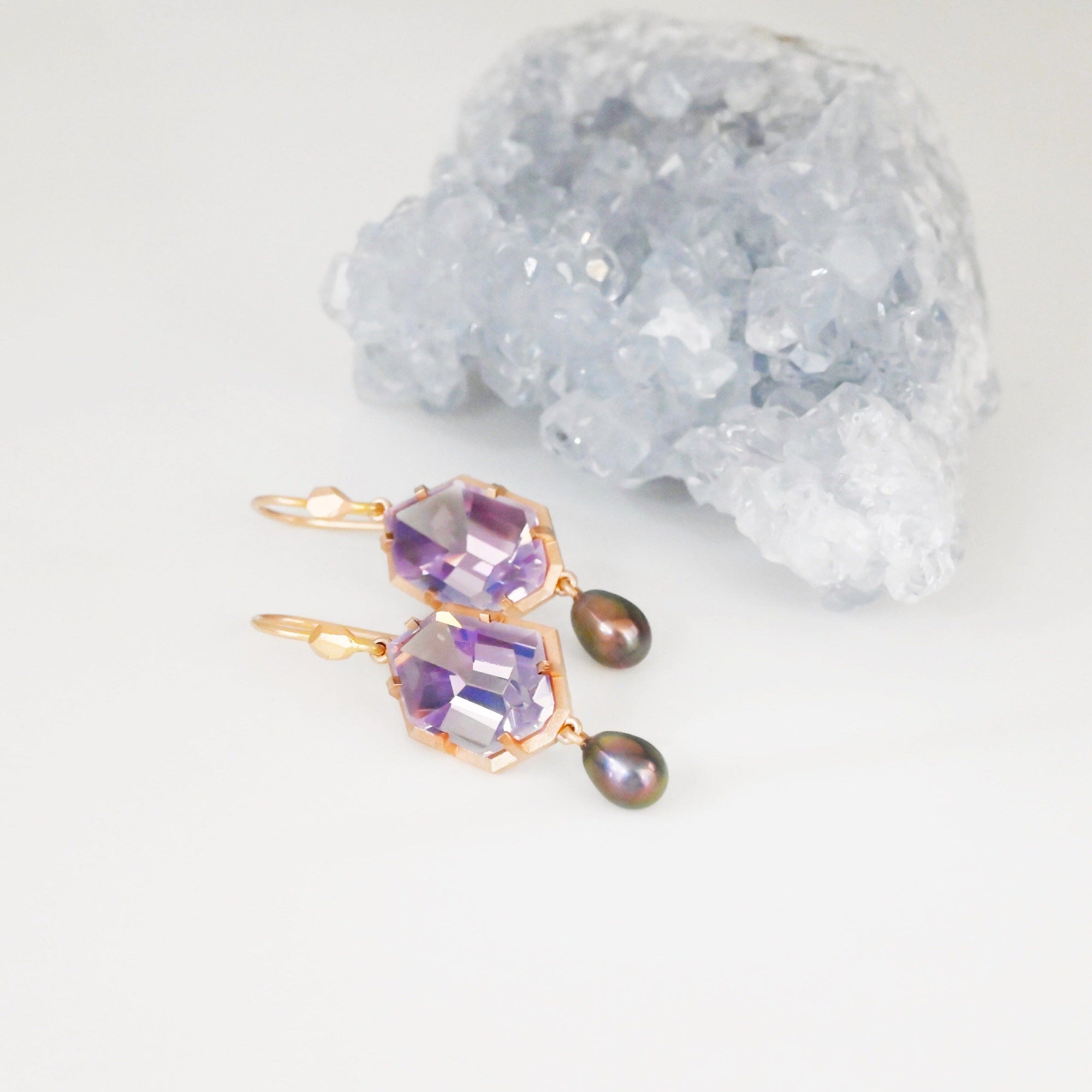 ‘Peak’ Lavender Quartz & Peacock Pearl Rose Gold Earrings Earrings Jason Ree Design 