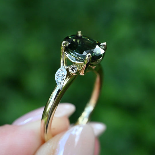 ‘Gumleaf’ 2.31ct Green Australian Sapphire & Diamond Yellow Gold Ring Ring Jason Ree Design 