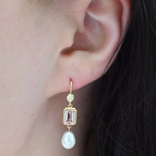 ‘Chevron’ Morganite Rose Gold & Pearl Earrings Earrings Jason Ree Design 