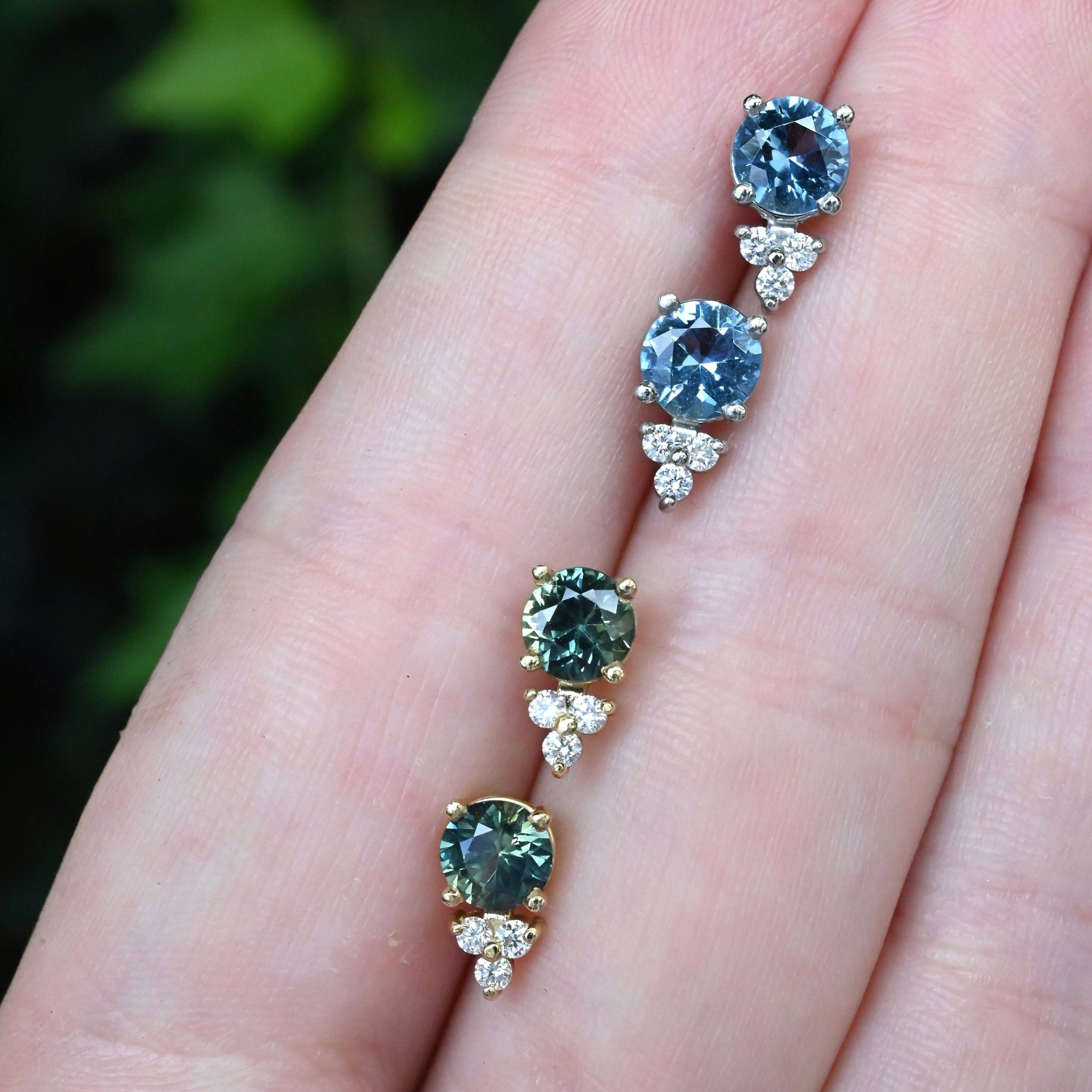 ‘Trinity’ Australian Green Sapphire & Diamond 18ct Yellow Gold Earrings Earrings Jason Ree Design 