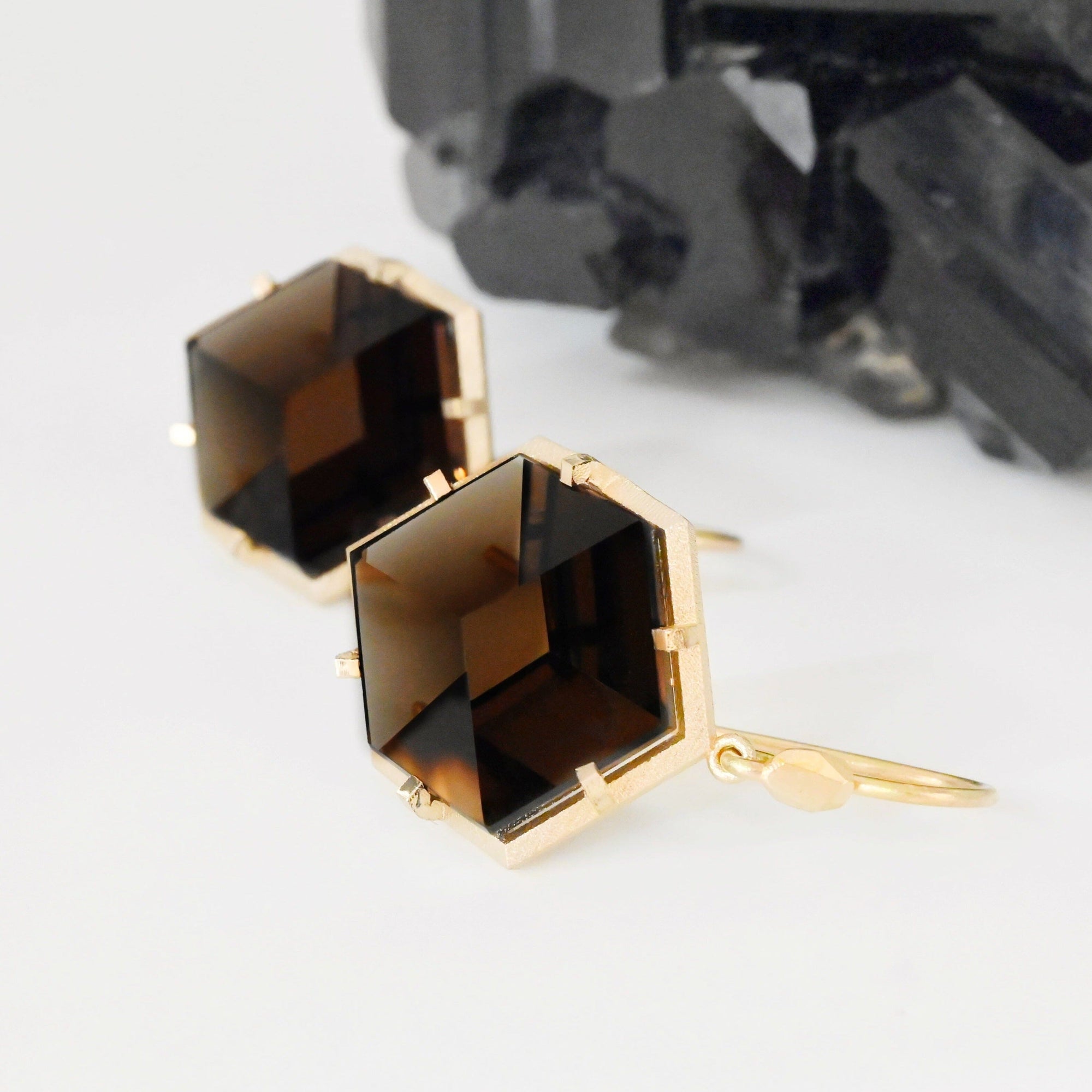 ‘Plateau’ Smokey Quartz Yellow Gold Earrings 