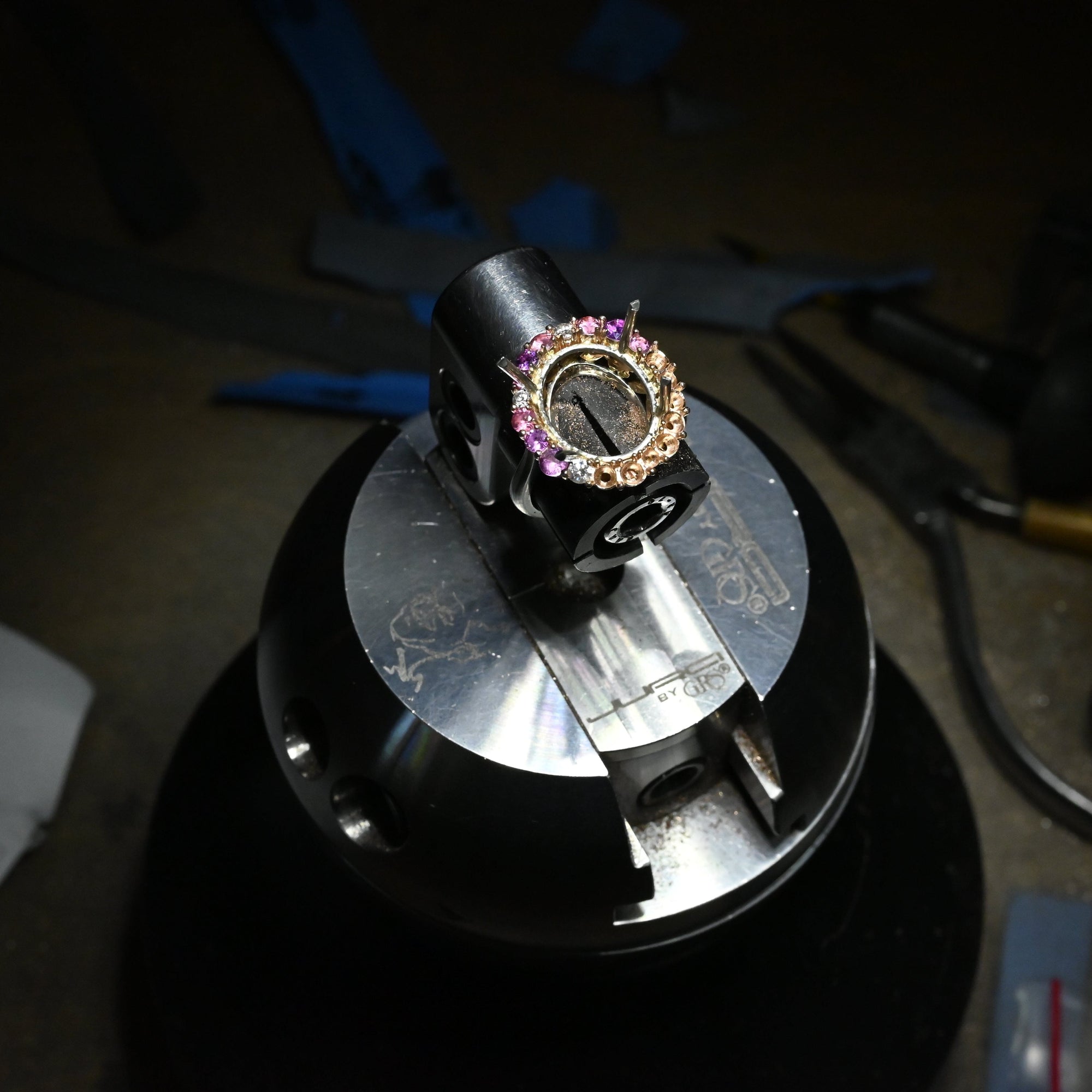 ‘Manuka Flower’ 5ct Black Opal, Purple Sapphire &amp; Diamond Platinum Ring Ring Jason Ree Design 