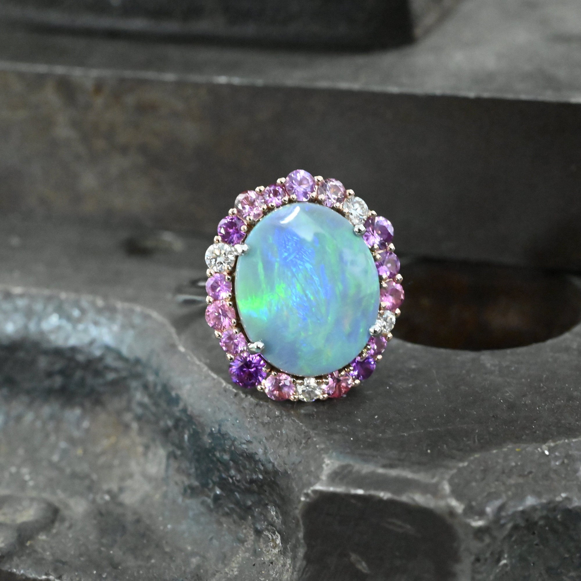 ‘Manuka Flower’ 5ct Black Opal, Purple Sapphire &amp; Diamond Platinum Ring Ring Jason Ree Design 