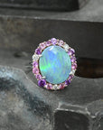 ‘Manuka Flower’ 5ct Black Opal, Purple Sapphire & Diamond Platinum Ring Ring Jason Ree Design 