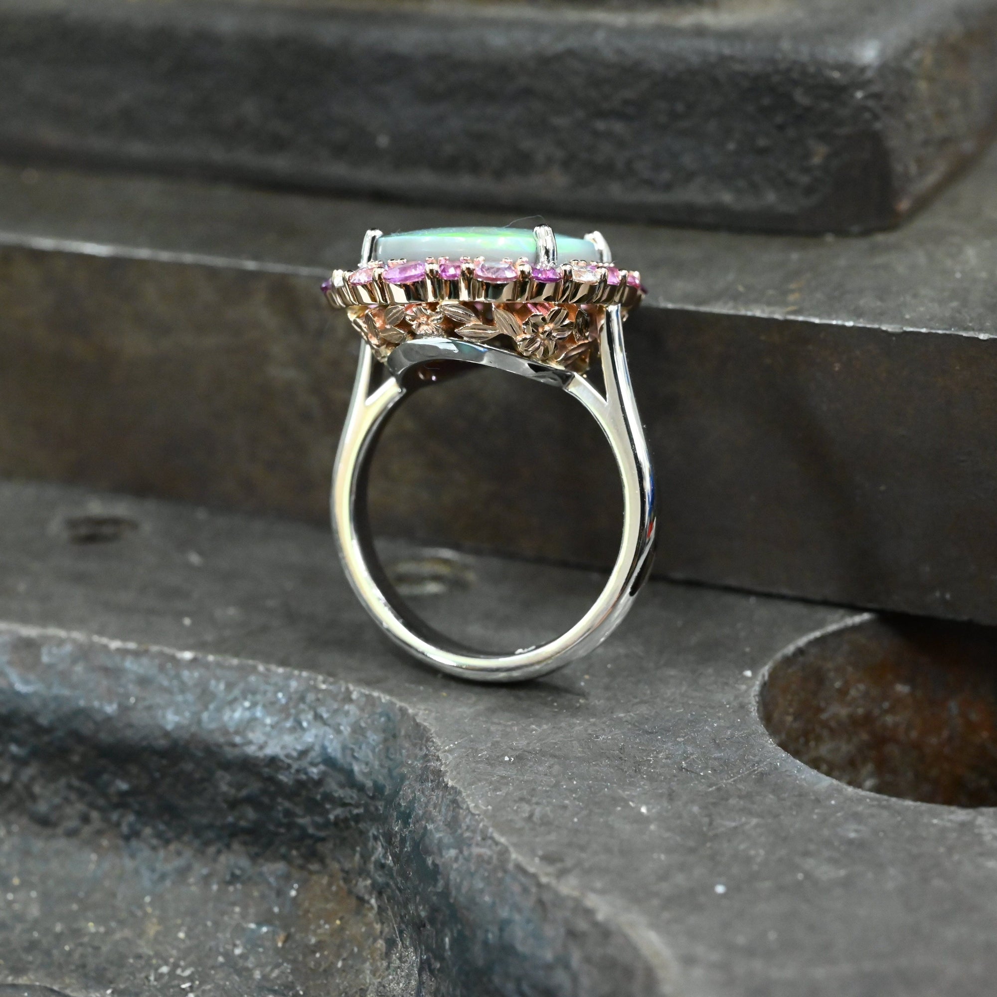 ‘Manuka Flower’ 5ct Black Opal, Purple Sapphire &amp; Diamond Platinum Ring Ring Jason Ree Design 
