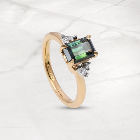 ‘Lily’ 1.51ct Green Australian Emerald-cut Sapphire & Diamond Ring 