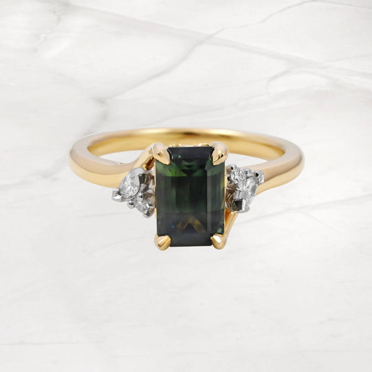 ‘Lily’ 1.51ct Green Australian Emerald-cut Sapphire & Diamond Ring 